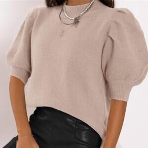 Women's Puff Short Sleeve Sweater Tops Trendy Knit Crew Neck Beige S-M-L-XL